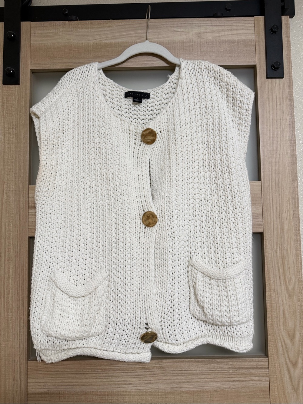 Sanctuary Cream Crocheted Button-Front Pocket Vest